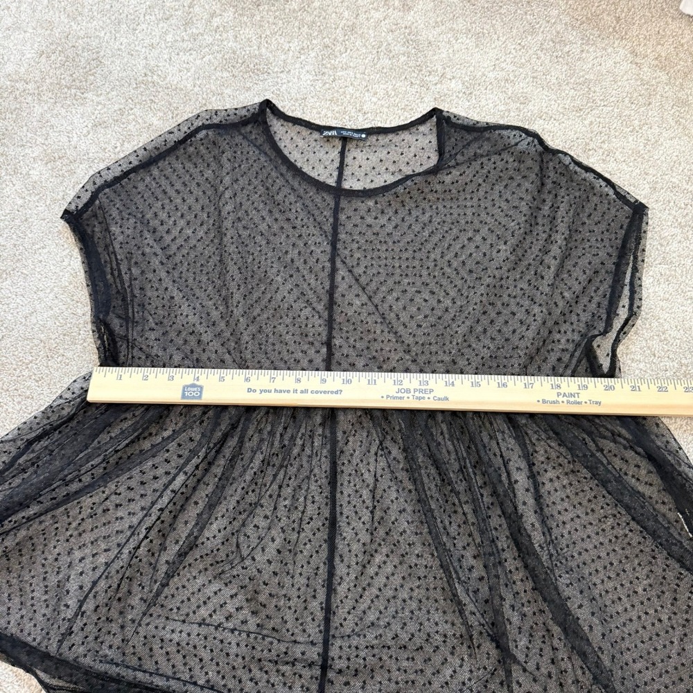 Zara Womens Black Sheer Mesh Polka Dot Top Small Short Sleeve Relaxed - Picture 7 of 9